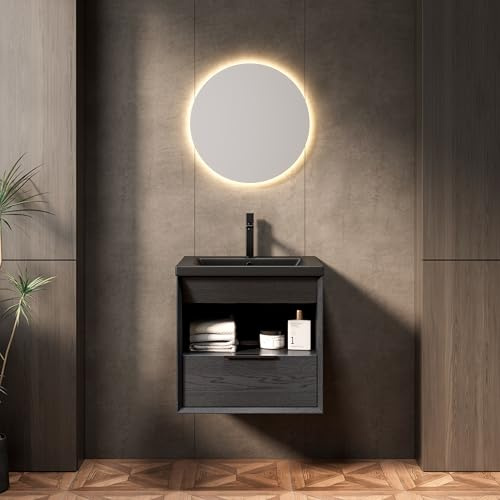 HaoChrymec Schwebender Badezimmer-Waschtisch aus Keramik, Integriertes Unterbauwaschbecken mit Schublade und Offenem Regal, Waschtischunterschrank, Schwarz Dunkle Holzmaserung, 51.5 x 47 x 51.5 cm