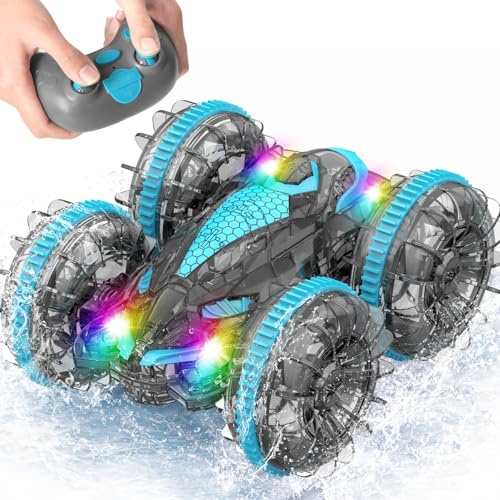 MidiVix Amphibienfahrzeug Ferngesteuertes Auto, 90 Min Spielzeit, 2.4GHz Double-Sided Stunt RC Auto Car mit LED Licht, 4WD 360° Drehung, Pool & Outdoor Spielzeug Geschenke für Kinder 6-12 Blaugrau