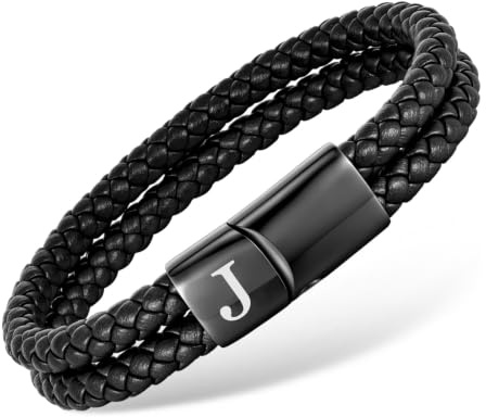 FLHEART Lederarmband Herren Armband mit Buchstaben - Schwarz Geflochten Leder Armbänder Gravur Initial A-Z Buchstabe mit Magnetverschluss, Geschenke für Männer Geburtstag Vatertagsgeschenk
