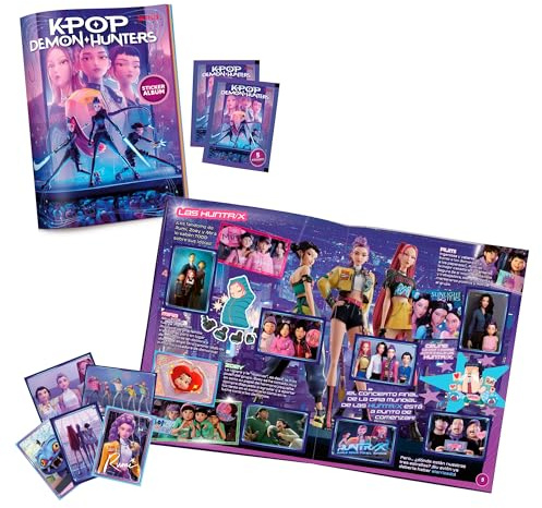 Bizak KPOP Demon Hunters Stickers Cards - Album ufficiale Netflix, 32 pagine per collezione di 200 adesivi, include 2 buste con 10 adesivi fustellati e olografici e poster double face (64395101)