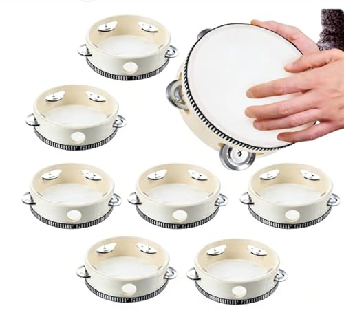 Tamburin für Kinder & Erwachsene, Premium Handtrommel aus Echtholz mit Kunstleder-Fell Rhythmusinstrument für Früherziehung & Tanz 6/10 Zoll Perkussion Schellenring 8 Stück (10 Zoll)