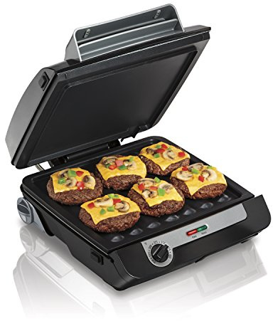 Hamilton Beach 4-in-1 Indoor Grill & Electric Griddle Combo with Bacon Cooker, Opens Flat to Double Cooking Surface, Removable Nonstick Plates, Black & Silver (25601)