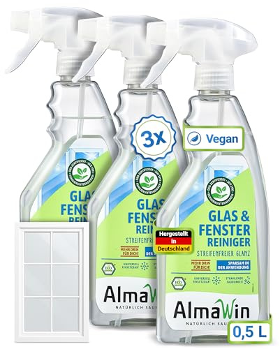 AlmaWin® Glas & Fenster Reiniger [3x 500ml] für streifenfreien Glanz - Glasreiniger ideal für Fenster, Spiegel, Auto & Mehr - Glas & Fensterreiniger Spray, Glass Cleaner - 100% Natürlich & VEGAN