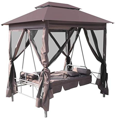 tidyard Pavillon Schaukelstuhl Hollywoodschaukel Gartenschaukel mit Bettfunktion Stahlrahmen Max. Tragf?higkeit 240 kg 220 x 160 x 240 cm Kaffeebraun