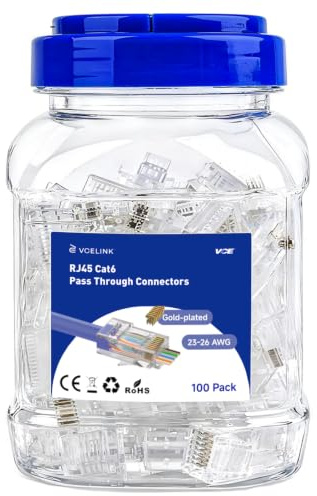 VCE Paquete de 100 Conectores RJ45 CAT6, 8P8C Pasante Chapados en Oro Clavija RJ45 Pass Through, Compatible con T568A/T568B