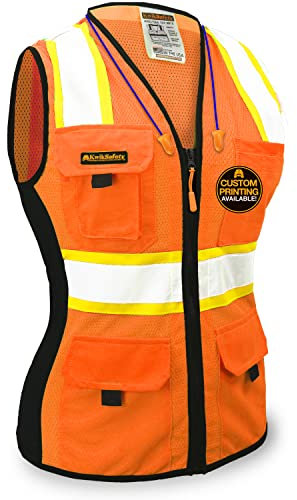 KwikSafety First Lady Fire Fly Sicherheitsweste Klasse 2 für Frauen mit Taschen, hohe Sichtbarkeit, reflektierend, leicht, atmungsaktives Netzgewebe, First Lady Orange Anzahl: 1, X-Small