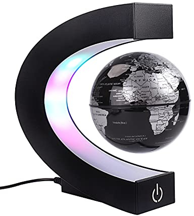 Globe terrestre flottant magnétique avec lumières LED colorées en forme de C, anti-gravité, carte du monde rotative pour cadeau, décoration de bureau à domicile, bureau, avec interrupteur, noir