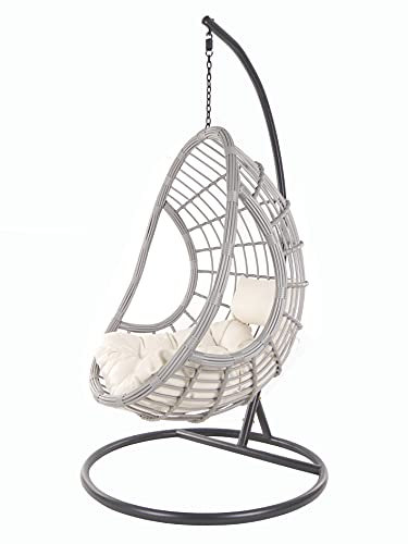KIDEO PALMANOVA großer Hängesessel inklusive Gestell und Kissen, Polyrattan, grau (Kissen: Chesterstepp Elfenbein [0050 Ivory])