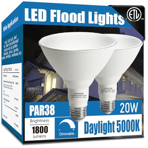 Gonhom Par38 led Flood Lights Outdoor Light Bulb,Dimmable 1800LM,20W Replace up to 200W,Outdoor Flood Light Bulbs for Backyard,Garage,Porch,Garden,2 Pack 5000K Daylight