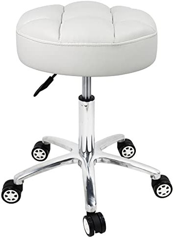 WKWKER Deluxe Runde höhenverstellbarer Rollhocker Hochelastischer Super Soft Foam Sitz mit Aluminiumlegierung Basis für Office Tattoo Spa Gesichtsmassage Hocker (Weiß)