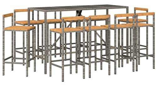 vidaXL Gartenbar Set 11-TLG., Gartenmöbel Bartisch 10 Barstühle, Stehtisch Barhocker für Garten, Sitzgruppe Gartenset, Grau Poly Rattan Massivholz Akazie
