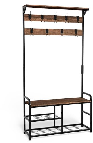 VOUNOT® Perchero de Pie con Zapatero, Perchero de Entrada Recibidor con Banco 3 Estantes 9 Ganchos, Colgador para Zapatos Ropas de Madera Estilo Industrial 185x85x33cm