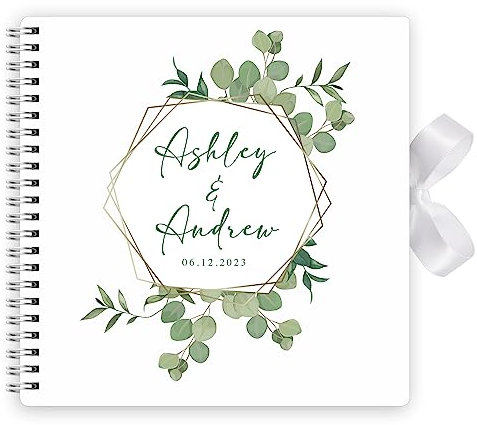 Personalised Wedding Guest Book Wiro Scrapbook Large Keepsake Octogon Wreath Design With Ribbon Closure - 30cm x 30cm - 40 Sheets