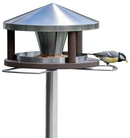 LicusDesign Vogelhaus mit Ständer wetterfest aus Edelstahl - Stabiles Vogelfutterhaus für draußen, modern aus Metall - Vogelfutterstation - Futterhaus für Vögel stehend