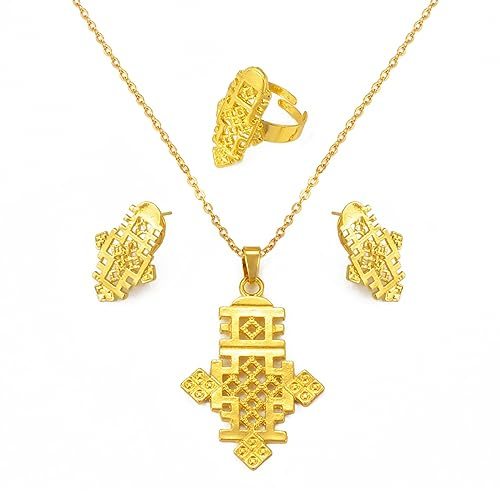 DELLEN Äthiopisches Kreuz Schmuck Sets Halsketten Ohrringe Ring für Frauen Mädchen Gold Farbe Eritreische afrikanische Brautwaren Weihnachtliches Geburtstagsgeschenk für Jubiläen