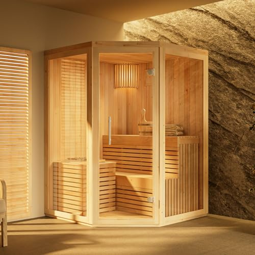 FinnTherm Innensauna Ylva, Ecksauna mit Glasfront für 2 Personen, Innenmaße: B 129 x T 129 x H 191 cm, Hochwertige Saunaliegen, Vorgefertigte Elemente