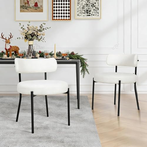 YU YUSING 2er Set Esszimmerstühle mit Rückenlehnen Teddystoff, Polsterstühle Küchenstühle Stühle Esszimmer 2er Set mit Metallbeinen, für Küche Wohnzimmer Schlafzimmer, Modern Retro Design, Weiß