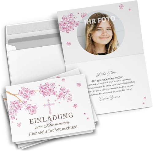 10 personalisierte Kommunion Einladungskarten mit eigenem Text und Foto - Rosa Kirschblüte - Einladungen zur Kommunion mit Umschlägen Mädchen