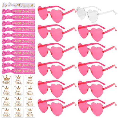 Aurasky 36 Stück JGA Brille Herz Sonnenbrille Set, Brille Team Armbänder Set jga accessoires, 12Herz Sonnenbrille+12Bride Tattoo Aufkleber+12Bride Armband Rosa