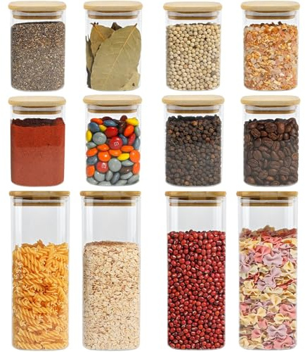 TMBMLPP 12 Pack 1/0.6L Glass Storage Jars with Bamboo Lids, Clear Glass Containers with Bamboo Lids, Pasta Storage Containers, Kitchen Storage Jars With Lid,for Pasta Grains Nuts Coffee Tea Spice ect