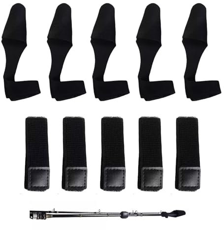 NCOALE Juego de 10 bandas elásticas para cañas de pescar, soportes para cañas de pescar con velcro, accesorios de pesca para atar cañas de pescar y protección de fundición (negro)