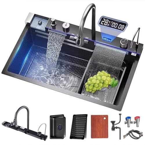 FIVIXIL Kitchen sink double waterfall sink with LED display with cup washer, soap dispenser, waterfall mixer, worktop controller, etc. workstation kitchen sink (Gun grey, 26.8 * 18.1 * 8.7 IN)