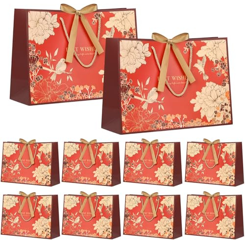 LVNRIDS 10-pack presentväska, eleganta presentpåsar för presenter med band, stor lyxig presentpåse för bröllop brudtärna dop examen födelsedagsfest 36 x 12 x 25 cm röd