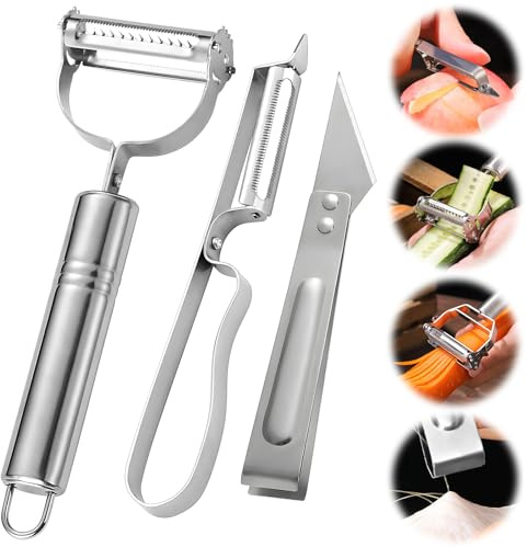 Set med 3 st multifunktions grönsaksskalare, uppgraderat rostfritt stål Julienne Peeler, morot potatis melon fruktskalare, fruktskalare morot dokumentförstörare potatisskalare för hem kök pryl