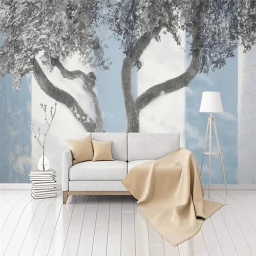 MIXUEXUNLU 3D-Fotowandgemälde, moderner handgemalter großer Baum, blau-weiße Streifentapete, Schlafzimmer, Wohnzimmer, TV-Hintergrund, Wanddekoration