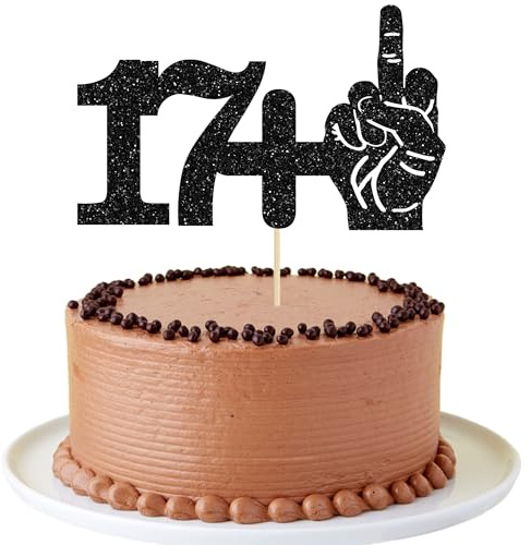 Ephlyn 1Pc 17+1 Middle Finger Cake Topper Black Glitter 18th Birthday Party Cake Decorations for Funny Eighteen Years Old Birthday Party Supplies