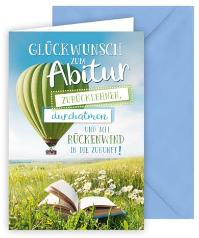 KE - Ansprechende Karte zum bestandenen Abitur, Format B6 Glückwunschkarte Abi, weißer Karton, Motiv: Heißluftballon, Buch