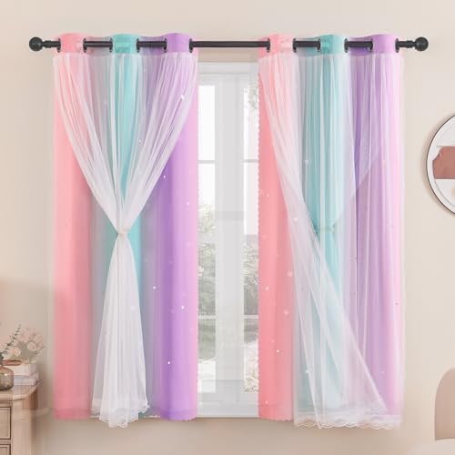 XiDi Verdunkelungsvorhänge - Sterne Geschnittene Vorhänge H160 × B86cm für Schlafzimmer Mädchen Wohnzimmer Kinder Regenbogen Vorhänge mit Öse für Fenster