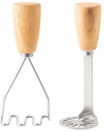 Lot de 2 presse-purée manuels en acier inoxydable avec poignée en bois, presse-fruits et légumes avec large plaque de purée