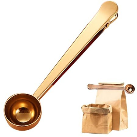 Kisstta Cuillère doseuse à café avec pince de fermeture en acier inoxydable, cuillère à café pour 6 g de poudre de café, longueur : 17,5 cm, avec clip de sac intégré (doré)