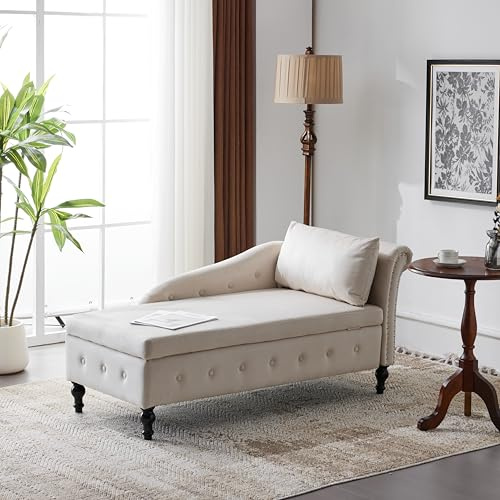 RanRan Chaiselongue-Sofa aus Samt mit Stauraum, gepolsterte Chaiselongue-Couch mit Kissen für das Wohnzimmer, moderner Loungesessel mit Nagelkopfbesatz und Knopfheftung, Schlafzimmer und Büro (Beige)