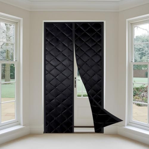 Isolant Thermique Isolation Porte, 85x215cm Rideau d'occultation Coupe-vent Imperméable Isolation Phonique Fermeture Automatique, pour Balcon, Cave, Terrasse,Noir