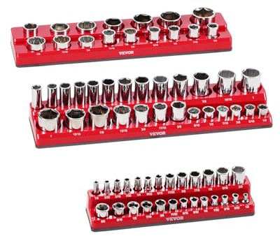VEVOR 3PCS Magnetic Socket Holder Set, 1/4'', 3/8'' & 1/2'' SAE Socket Trays with Clear Labels, Holds up to 68PCS Standard & Deep Sockets, Red