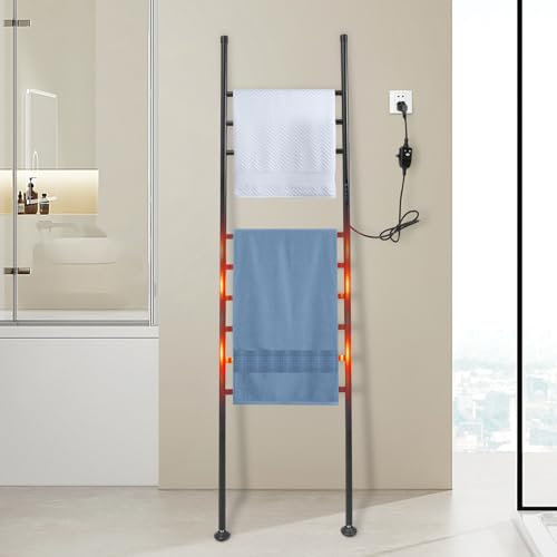 Apriltop Edelstahl 150W Elektrischer Handtuchwärmer, Freistehend Elektrischer Badheizkörper Handtuchhalter, Tragfähigkeit 15Kg, Temperaturbereich 45~70℃, Fußpads Einstellbar 3°, Schwarz