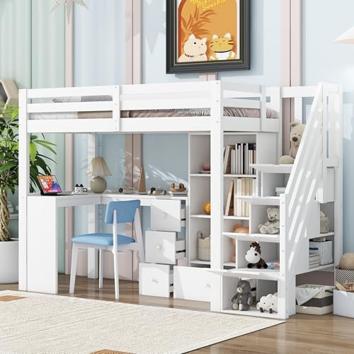 Gegtuon Etagenbett Bett 90x200 cm mit Tisch und Stauraum Treppe für Kinder, Kinderbett Hochbett Hausbett mit Schubladen und Regal, Bettgestell mit Lattenrost und Rausfallschutz, ohne Matratze, Weiß