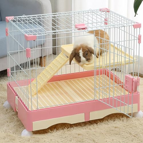 Kaninchenkäfig für den Innenbereich, Kleintierkäfig, 2-stöckiger Kaninchenkäfig mit offener Oberseite auf Rädern, für Meerschweinchen, Frettchen, Chinchillas, Kätzchen (Rosa, 72 * 51 * 61 cm
