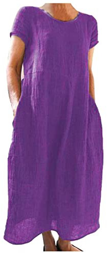 Generisch Robe longue d'été confortable et décontractée en coton et lin pour femme - Couleur unie, lilas, L