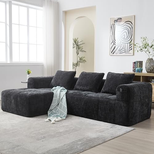Canapé en Forme de U, 3 Places avec Méridienne, Design Moderne Rembourré avec Accoudoirs et 3 Coussins, Chenille Noir