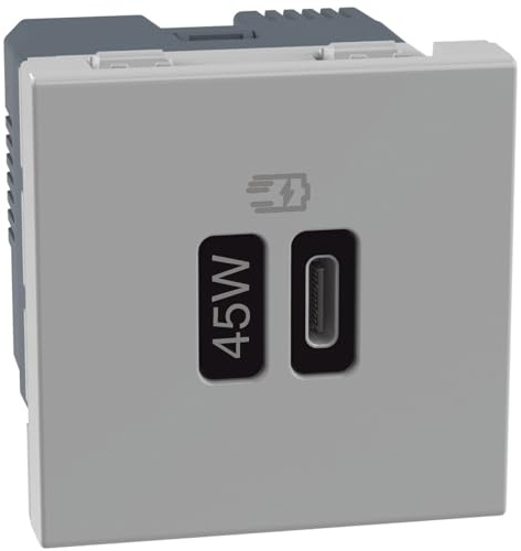 BTICINO Caricatore USB Tipo C, JG4294C, Caricatore con 1 Porta USB Tipo C, Potenza Max 45W, Quick Charge, Power Delivery, Ricarica di Dispositivi Elettronici, Presa Elettrica da Muro, 2 Moduli, Grigio