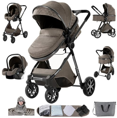 Sianldcone 3 i 1 Baby Vagn, Premium Tyger Baby Vagn 3 Delar, Tvåvägs Push Barnvagnar, Öppen Vision Vändbar Walk-Stol (YV9 Choklad)