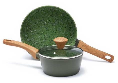 Ensemble de casseroles Jovire Green Duo : casserole de 15 cm, poêle à frire de 21,5 cm - Nonstick en céramique avec poignée en bois, compatible avec toutes les plaques de cuisson, sans toxines.