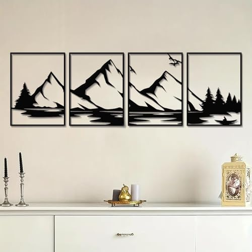 DUOOLN 4 StüCk Berglandschaft Metall Wandskulptur Dekor,GroßE Wald Dekorative Kunst Malerei,Stahl Vertikale HäNgende Wand Skulptur für Haus Wohnzimmer Schlafzimmer Garten Sofa Hintergrund Wand