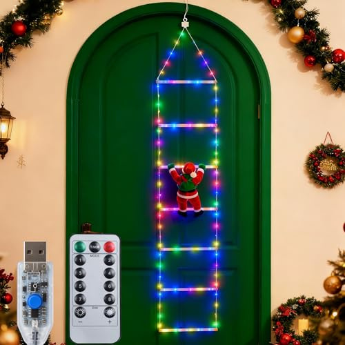 Qoosea LED Weihnachtsmann Leiter Lichterkette, 1.7M Leiter Weihnachtslichterkette USB mit Timer, 8 Modi Weihnachtsbeleuchtung für Innen, Außen, Weihnachtsbaum, Fenster, Balkon, Garten Weihnachtsdeko