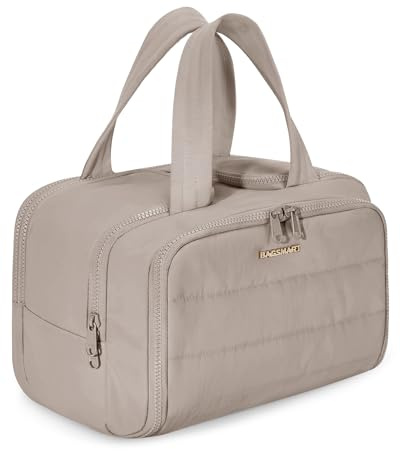 BAGSMART Large Travel Toiletry Makeup Bag, Upright Storage, Brush Pocket | Women Vanity Case, Wide Opening Cosmetic Wash Bag with Wet Pocket, Travel Accessories, Puffy, Quilted, Camel