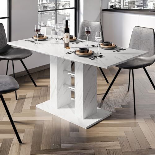 PHD FURNITURE Extendable Dining Table with Marble Effect WILD MINI – Small Extending Table 100-140 for 4 Seater - Modern Design & Easy to Clean (White Bianco Marble Effect)