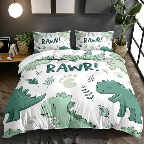 AILONEN Dinosaur Duvet Cover Set Queen Size,3Pcs Cartoon Green Dino Print Bedding Set for Kids Boys,Soft Microfiber Comforter Cover with Zipper Closure,1 Quilt Cover and 2 Pillowcases